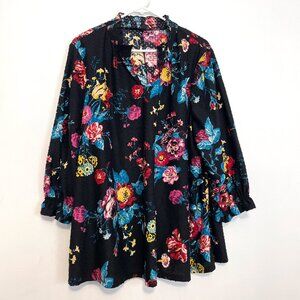 LANE BRYANT Plus Size Smocked Notch Neck Swing Top Black Multi Floral 3/4 Sleeve
